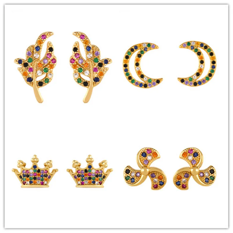 Дамы CZ Радуга серьги гвоздики 24K золото заполнены красочные циркония дешевые листья серьги с короной ювелирные украшения ers-r20