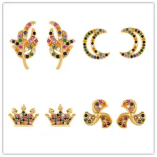 Дамы CZ Радуга серьги гвоздики 24K золото заполнены красочные циркония дешевые листья серьги с короной ювелирные украшения ers-r20