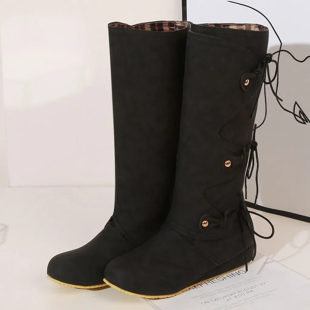 Suede mid calf boots Plus size 35-43 Retro Back laced women's Shoes with platform Casual Middle Tube boots women winter