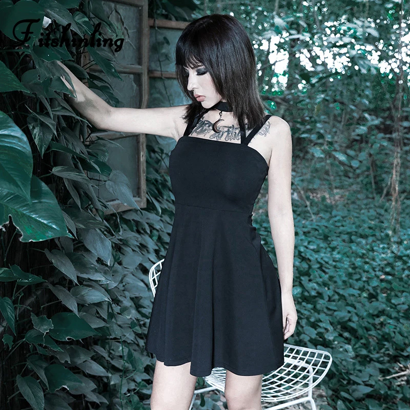 

Fitshinling Goth Dark Spaghetti Strap Dresses Women Choker Slim A Line Black Gothic Dress Backless 2019 Harajuku Vestidos Sale