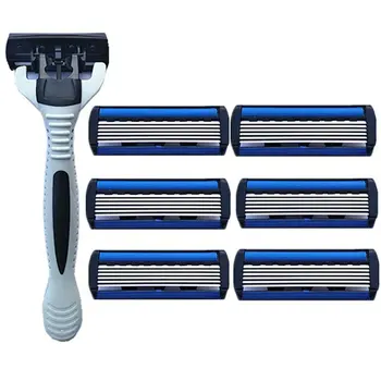 

6 Layers Razor 1 Razor Holder + 7 Blades Replacement Shaver Head Cassette Shaving Razor Set Blue Face Knife For Man