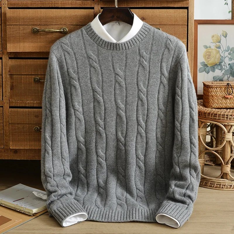 100% Cashmere Sweater Men Three-strand Thick Pure Color Jacquard Pullover Round Neck Knitted