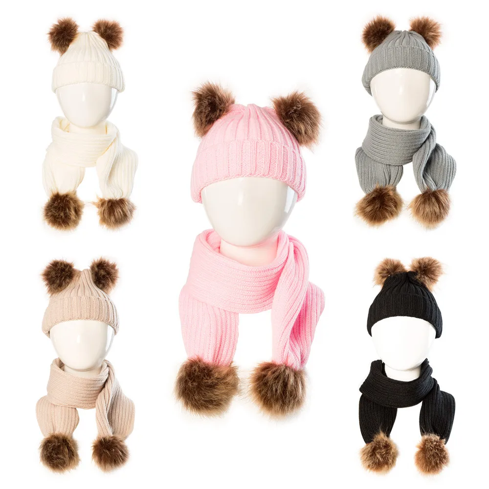 Новая зимняя вязаная шапка с натуральным енотом для маленьких девочек и мальчиков, комплект с шарфом и меховым помпоном, шапки для маленьких детей, детские теплые костюмы,# es