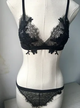 

Transparent sexy lace lingerie with briefs set embroidered triangle cup ultra-thin no steel ring bra set plus size women's bras