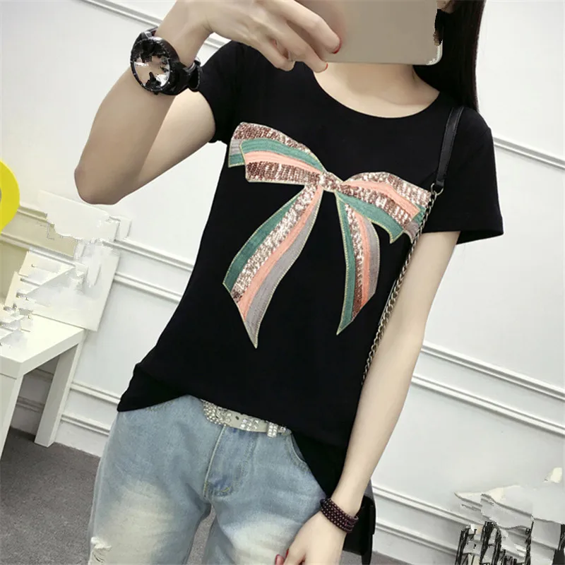 67460 black Neploe, европейская Америка, Лоскутные Топы с бантом, Женская Летняя мода, с круглым вырезом, тонкая футболка, Новое поступление, футболка с блестками 67460 - Цвет: 67460 black