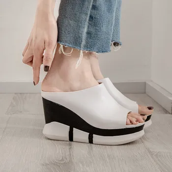 

YMECHIC Summer 2020 Peep Toe Platform Slides White Black Daily Genuine Leather High Heel Women's Shoes Wedges Slippers 35-39