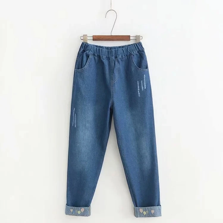 Женские джинсовые штаны с вышитыми шариками, с высокой талией, Милые Мягкие осенние прямые джинсовые штаны, синие женские длинные брюки