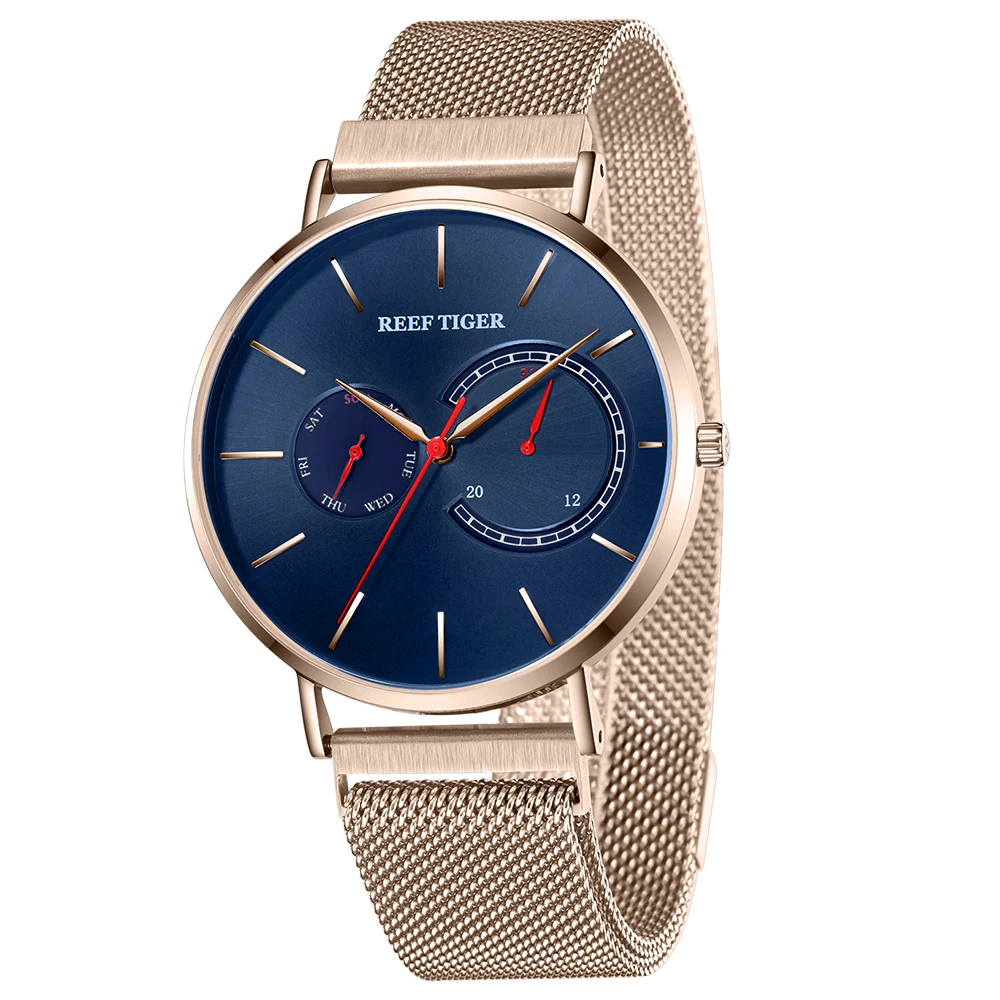 New Reef Tiger Luxury Dress Watch Blue Dial Rose Gold Men Quartz Watch Men Steel Watch Rga16-3