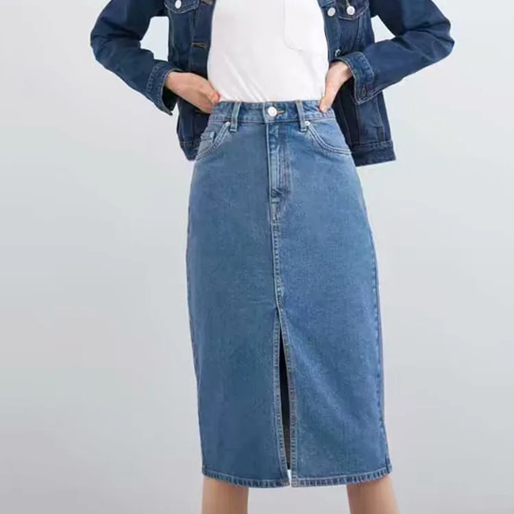 

Western Style Spring And Autumn New Style Spring And Summer Washed Blue Sheath WOMEN'S Dress Slit Denim Skirt Midi Midi-skirt