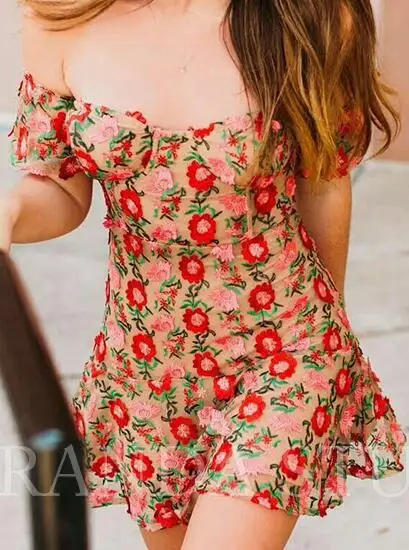 Новинка роскошное женское мини-платье с открытыми плечами 3D цветочной вышивкой