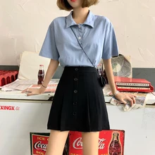 Черная кнопка Новая летняя юбка с высокой талией женский корейский стиль преппи женская одежда ulzzang модный бренд плиссированные юбки черный