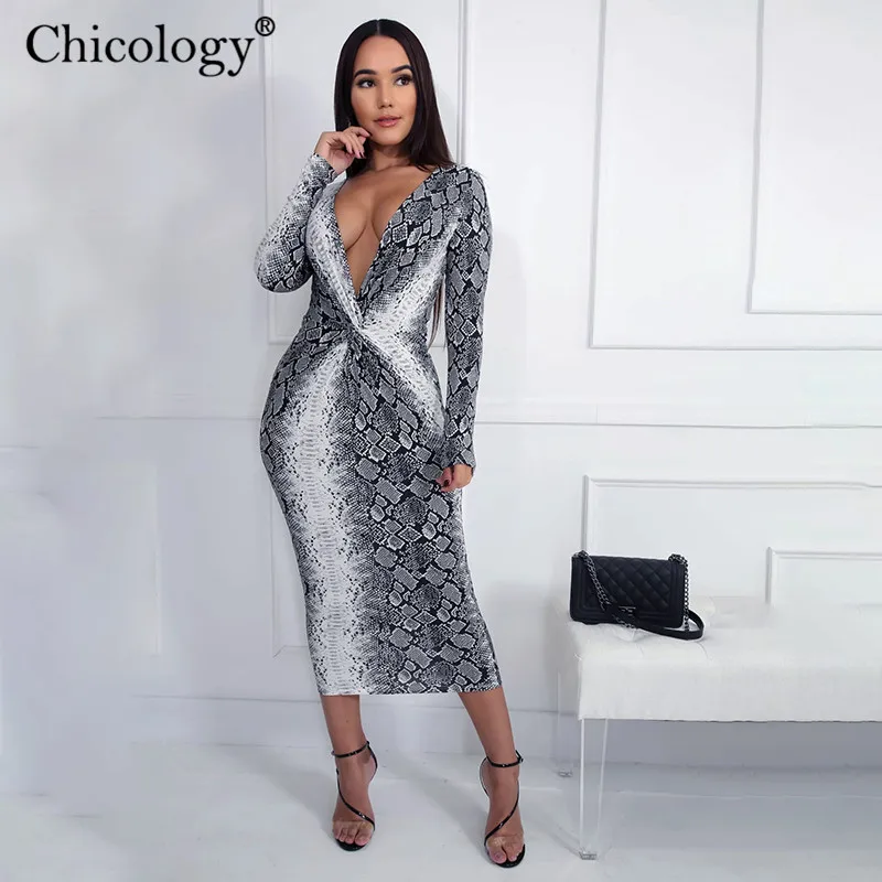 Chicology Змеиный принтом принт v образным вырезом миди платье платья поатье женское