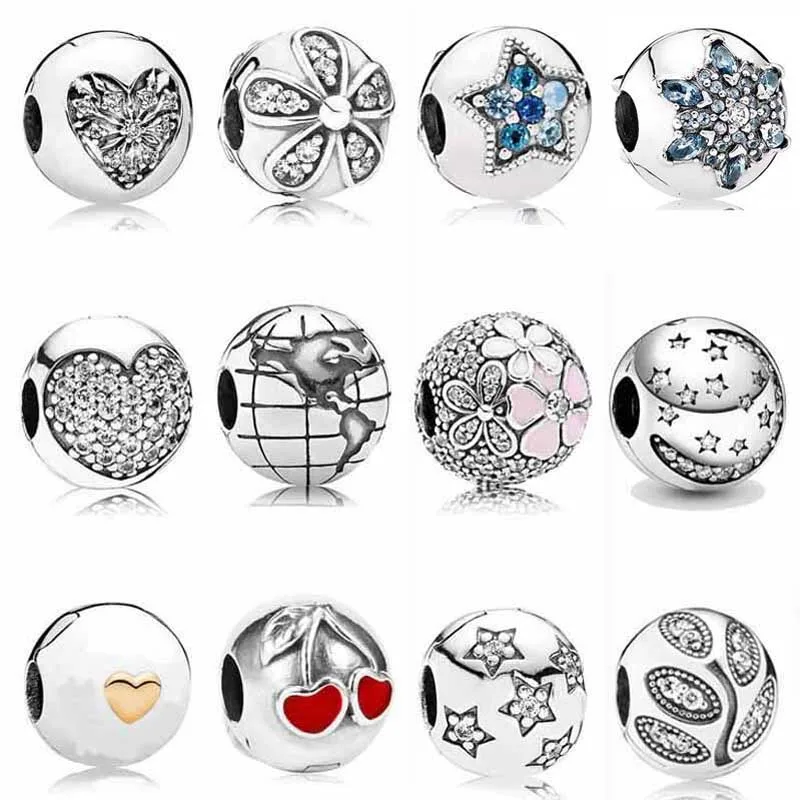 Real Pave Heart Poetic Blooms Fixed Bright Star Globe Clip Charm 925 Sterling Silver Original Beads Fit Fashion Bracelet Jewelry | Украшения