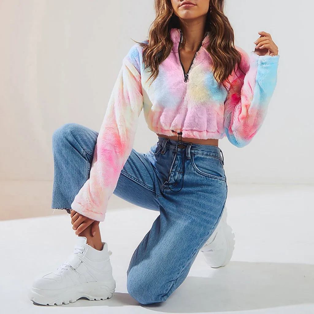 Укороченная Толстовка Tie Dye Женский пуловер на осень и зиму короткий свитшот