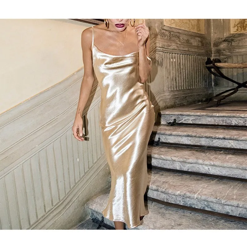 

Strap Satin Sexy Bodycon Long Dress Women Backless Summer Lace Up Party Dress Elegant Gold Maxi Beach Dress