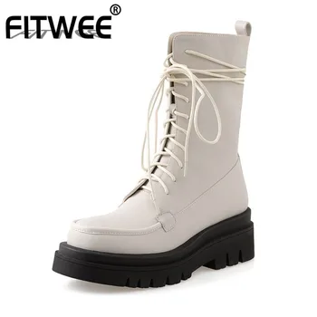 

FITWEE Real Leather Women Mid Calf Boots Lace Up Round Toe Shoes Winter Warm Boots Women Fashion Footwear Size 33-40