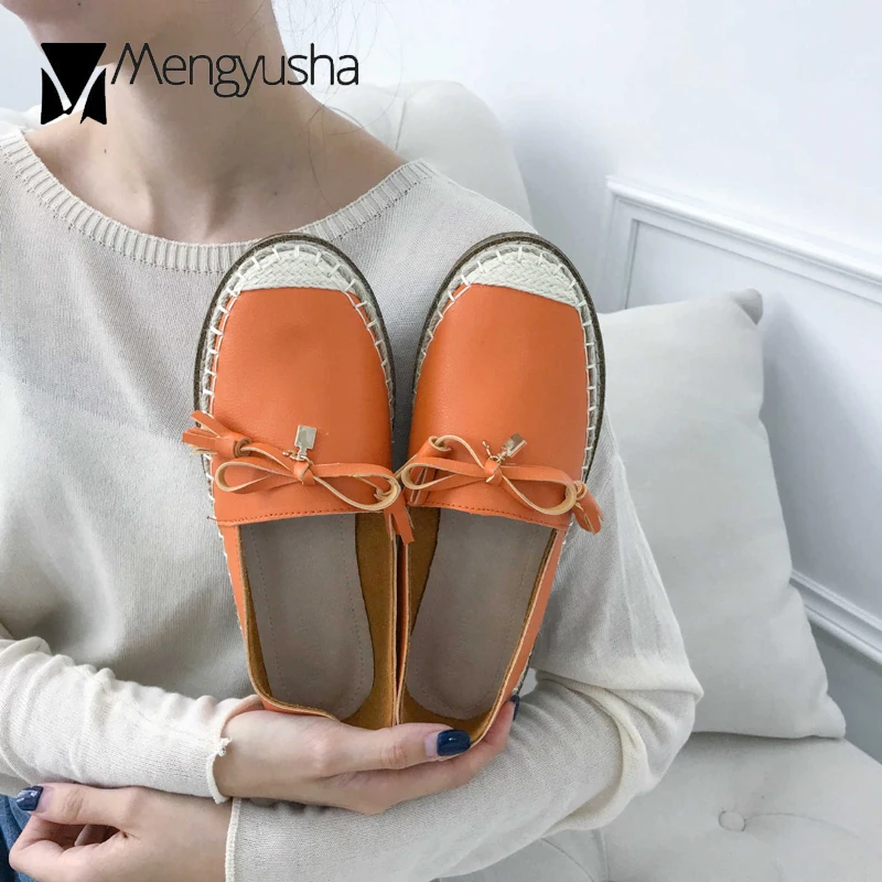 Genuine Leather Espadrilles Flats Women Bowtie Fishermen White Leather Shoes Straw Moccasins Brand Loafers Cow Leather Creepers