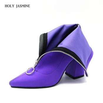 

2020 Autumn New Lycra Women Boots Pointed Toe Square Heel Shoes Woman Fashion Bota Feminina Ankle Boots Black Purple Rose Red