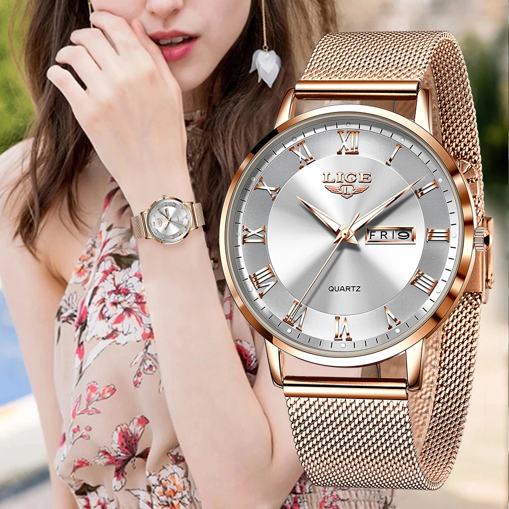 LIGE Marke Frauen Uhren Ultra-dünne Luxus Quarzuhr Mode Damen Uhr Edelstahl Wasserdicht Kalender Woche Armbanduhr
