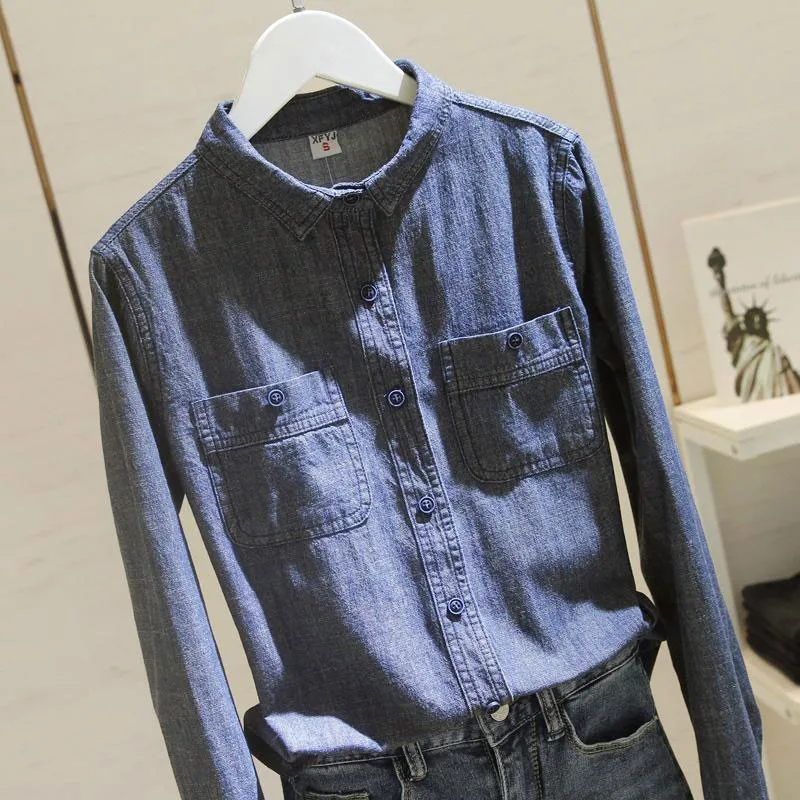 

Spring Autumn Korea Fashion Women Long Sleeve Turn-down Collar Denim Shirt All-matched Casual Double Pocket Dark Blue Blouse V64