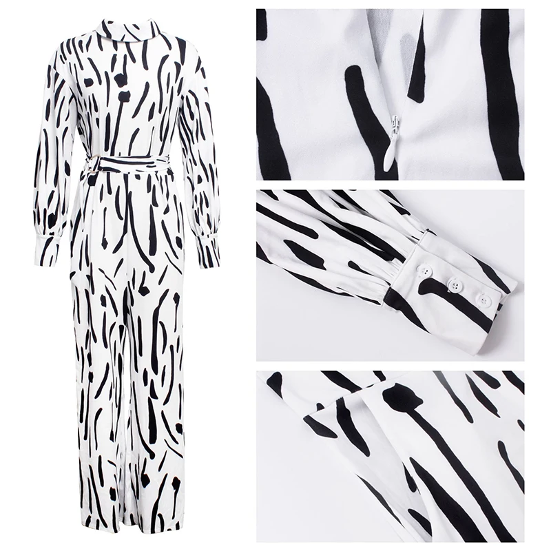 Women Casual Jumpsuit Wide Leg Pants Stand Neck Long Sleeve One Piece Jumpsuit Print High Waist Sashes Elegant Overalls