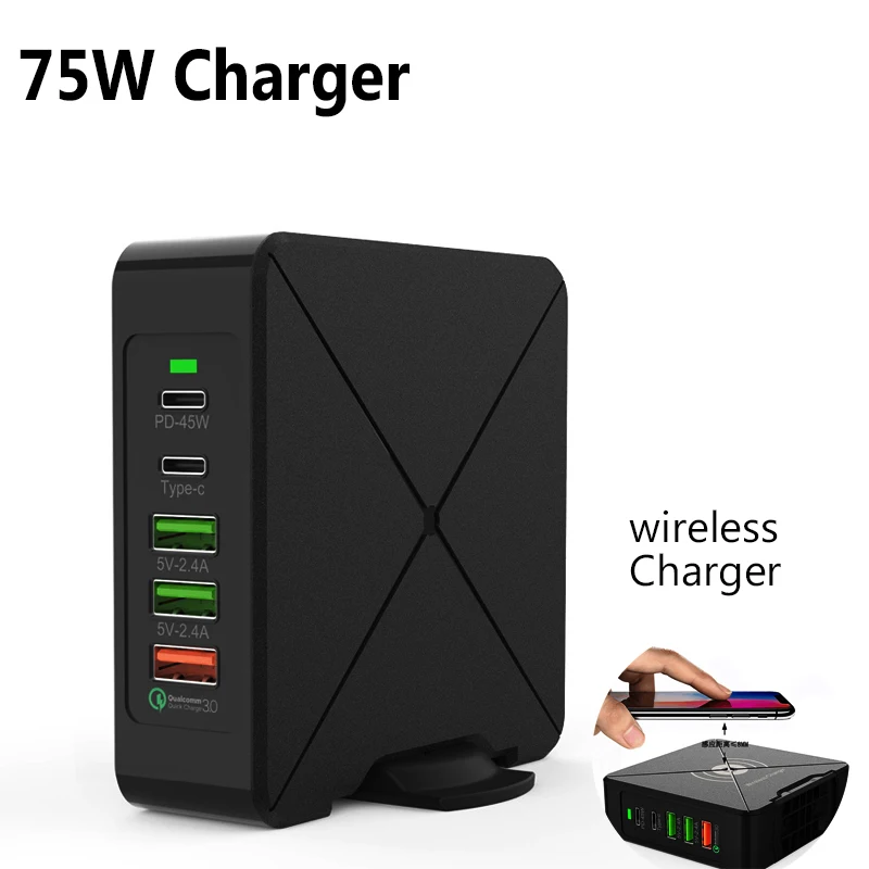 Новое Qi Беспроводное зарядное устройство для Iphone samsung 75 Вт 5 портов PD-45W type-c QC