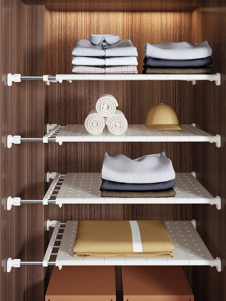 

Bedroom Kitchen Cabinet Storage Layered Partition Retractable Nailless Separated Shelf Household Organizing Cabinet Shelves