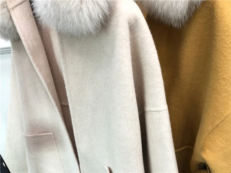 Женское шерстяное пальто с капюшоном и натуральным лисьим мехом с поясом, зимнее шерстяное пальто, женская повседневная верхняя одежда