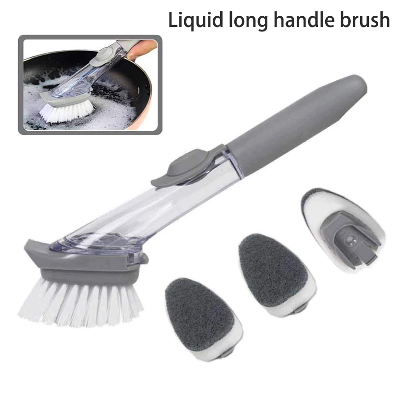4 in 1 Long Handle Cleaning Brush Set with 3 Removable Brush head Sponge Soap Dispenser Dish Washing Brush Kitchen Clean Tools