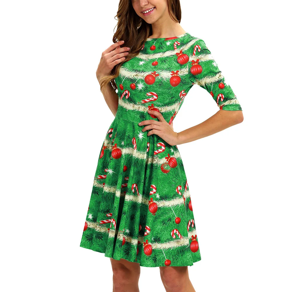 Костюм для рождественской вечеринки Vestidos, винтажные женские мини-платья с зеленым принтом, женские рождественские вечерние мини-платья на осень и зиму