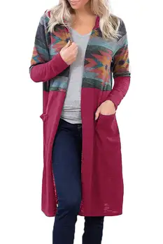

Autumn and winter women's jacket long section printed stitching knit cardigan casual jacket