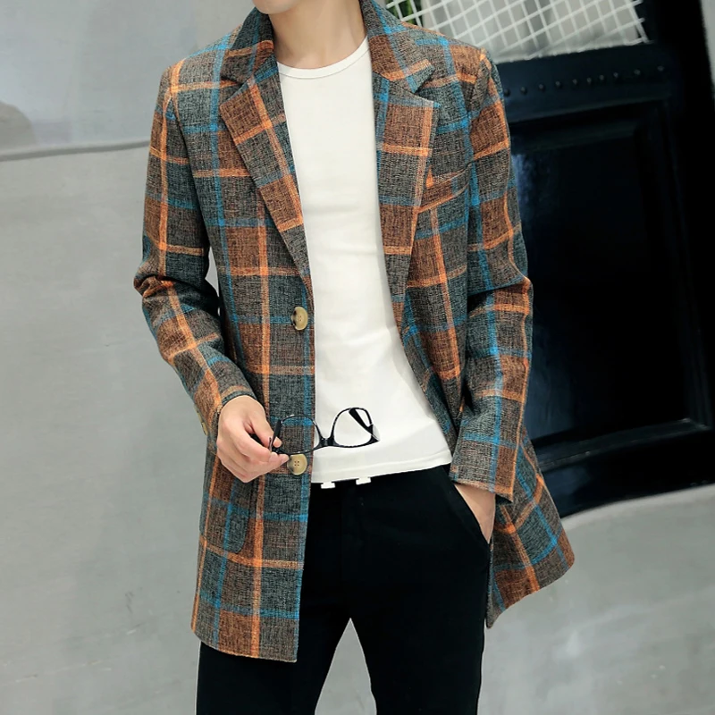 Мужской шерстяной пиджак s длинный жакет в клетку с воротником тонкая ветровка