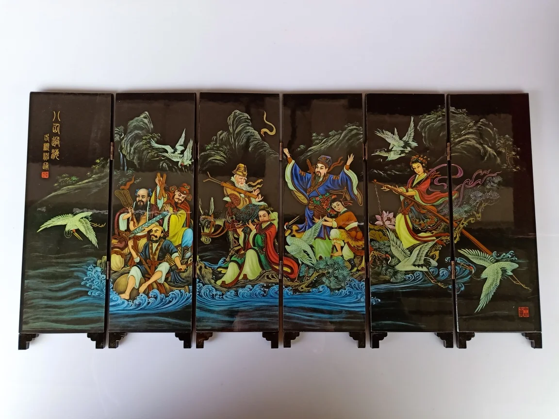 

China Collect Exquisite Lacquer PaIntIng Eight Celestial Being Cross Sea Small Folding Screens Handicraft Home Decoration