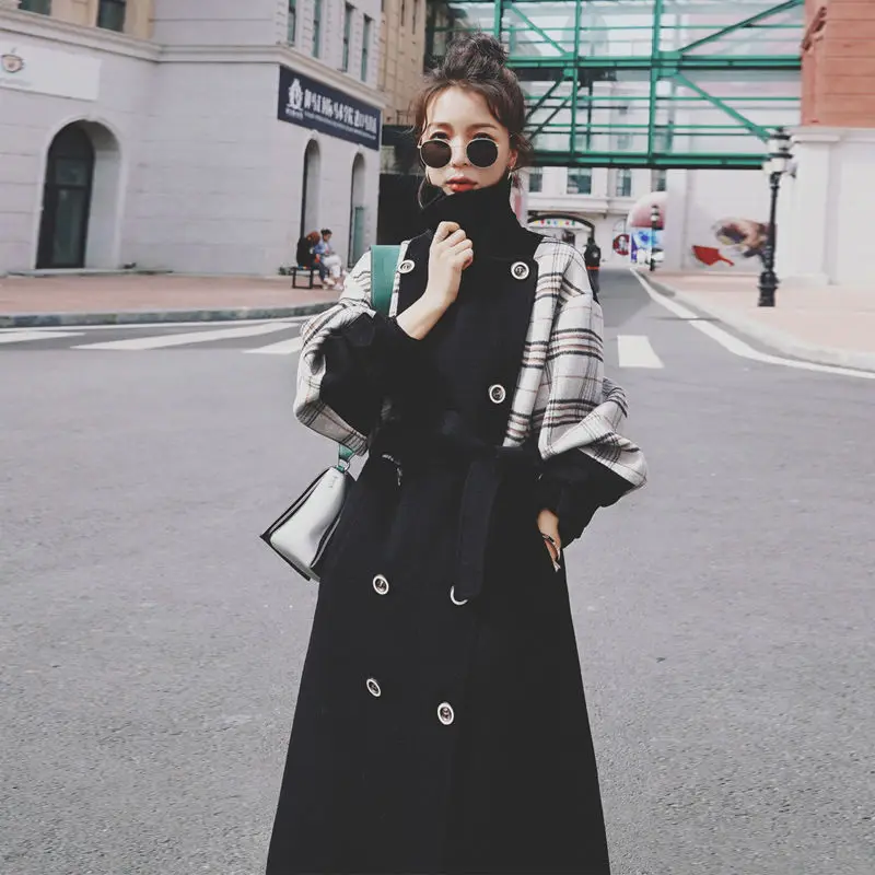 

Plaid sleeve splicing black woolen coat for women's middle and long style autumn and winter new thickened casual woolen coat