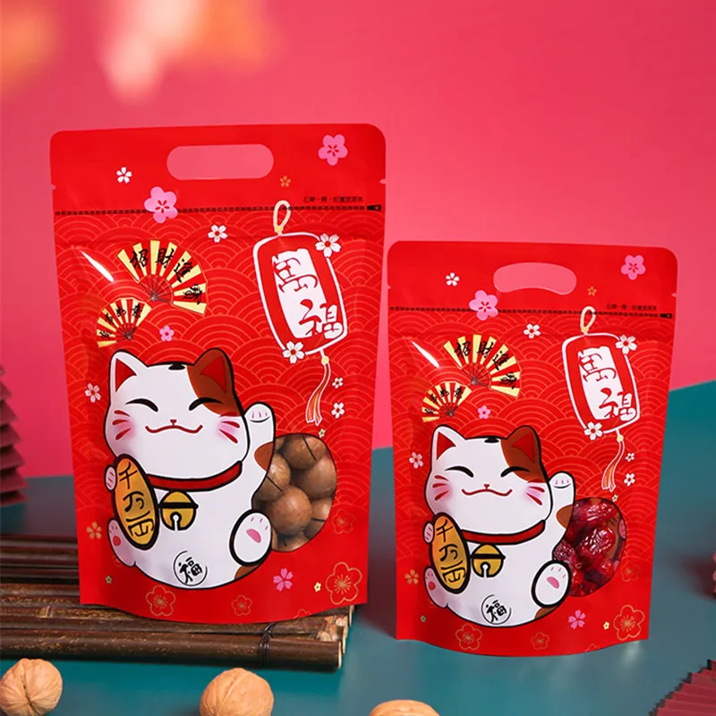 100 шт Высокое качество с изображением из мультфильма Lucky Cat nougat Снежинка хрустящая печать мешок сушеный полиэтиленовый пакет для фруктов молния упаковка сумки