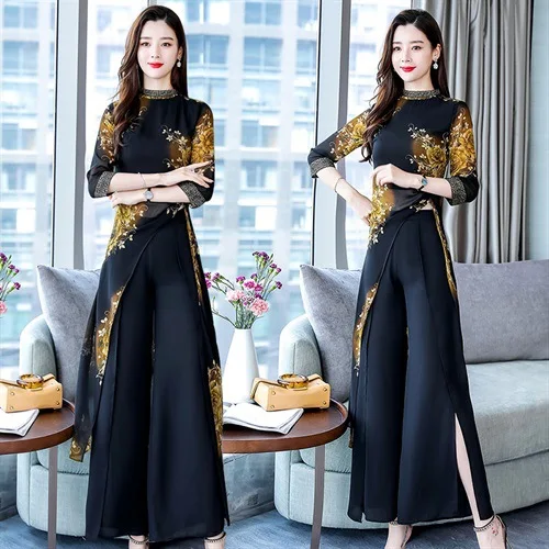 

Vintage Printed Set Summer Wear for Women 2019 New Style Fashion Slimming Western Style Pendant Sense Loose Pants Two-Piece Set