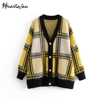 

Huaxiafan Plaid Knitted Cardigan Sweater Women Long Sleeve V-neck Single-breasted Loose Sweater Ladies Soft Knit Top 2020 Spring