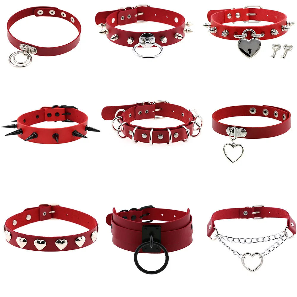 Vintage Punk Geometric Jewelry Red PU Leather Round Heart Choker Necklace Women Chocker Necklaces Collares