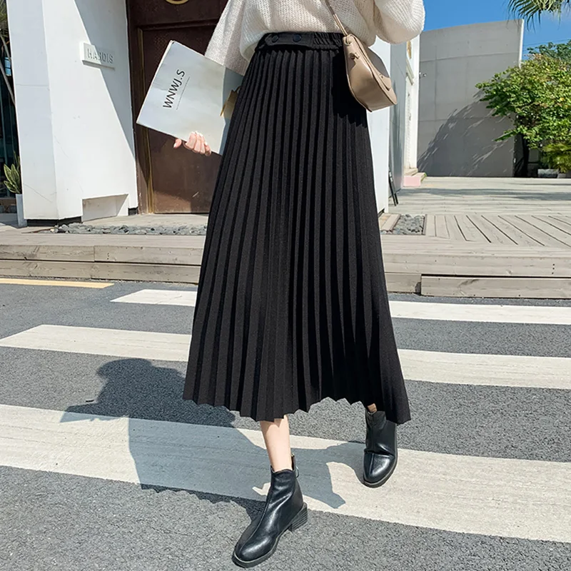 Falda plisada de cintura alta para Mujer, Faldas a media pierna, de color negro, Vintage, para otoño e invierno, a la moda, gruesas, combina con todo, 2020