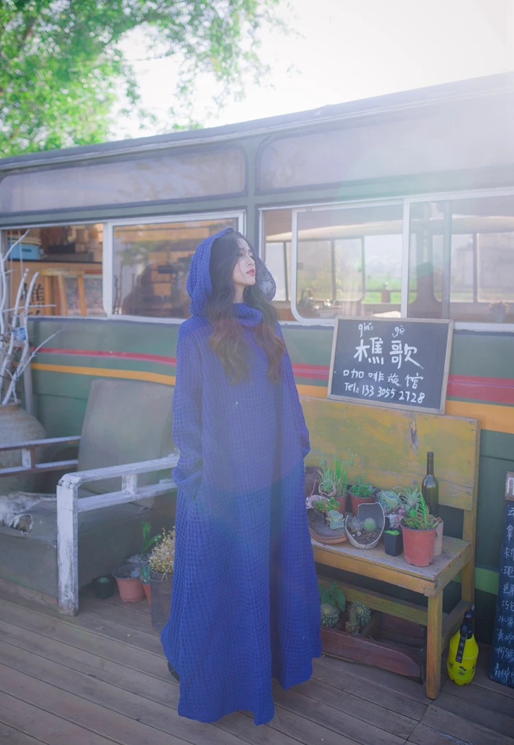 Autumn winter long maxi dresses plus size women vintage blue white porcelain cuffs patchwork hooded witch sorceress poncho robes