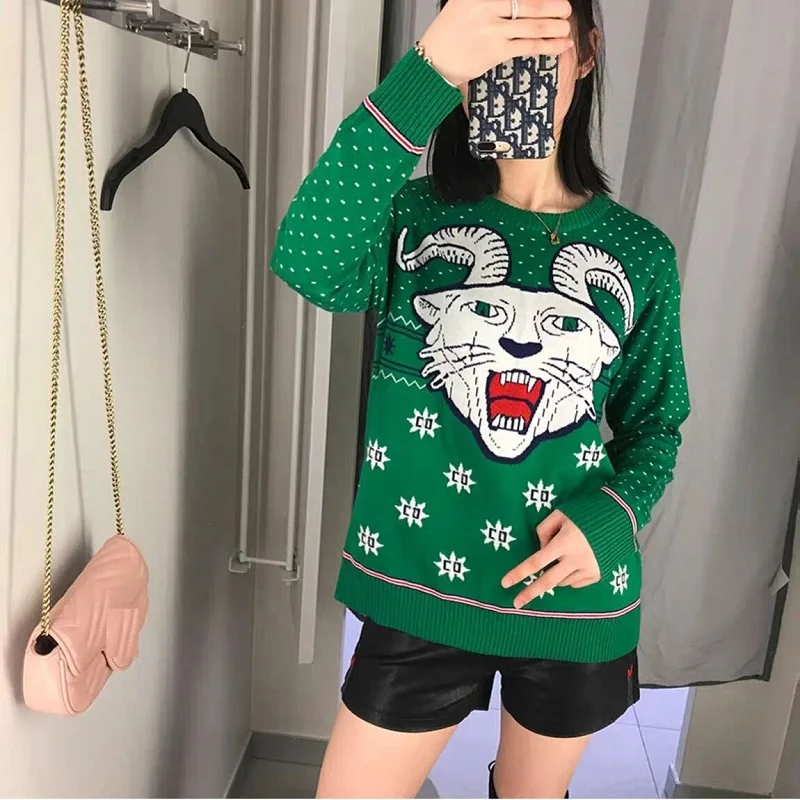 

2019 Fashion Tiger Print Women Green Sweaters Pullovers Runway Long Sleeve Autumn Winter Female Knitted Sweater Jumper Clothes