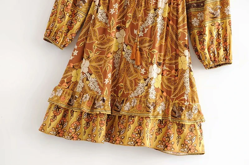 Винтажное шикарное женское мини-платье в стиле хиппи с цветочным принтом и v-образным вырезом в богемном стиле, женские платья с длинным рукавом и эластичной талией из вискозы в стиле бохо vestidos