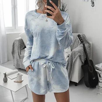 

2020 New Women Set Home Tie Dye Long Sleeve Top Shirt And Shorts White Outfits Casual Suit Loose Two Piece Sets