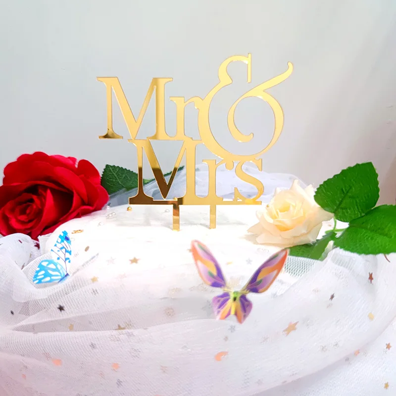 Gold Acrylic Wedding Cake Toppers Golden Mrs and Mrs. Engagement Baking Cakes Toppers Wedding Ceremony Cake Decorations