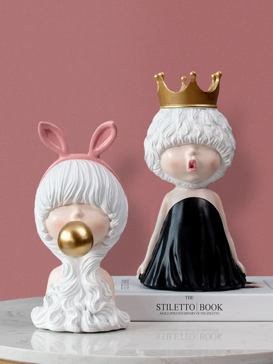 Modern Ins Style Gorgeous Girls Figurines With Crown/Bubble/Bow Ornaments Cute Girl Sculpture Room Decor Crafts Resin Statue NEW Modern Ins Style Gorgeous Girls Figurines With Crown/Bubble/Bow Ornaments Cute Girl Sculpture Room Decor Crafts Resin Statue NEW