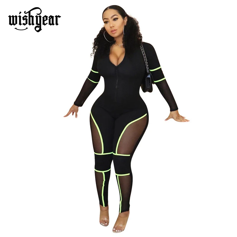 

Wishyear Sheer Mesh Patchwork Bandage Jumpsuit Zipper Front V Neck Long Sleeve Women Sexy Romper Tracksuit Night Club Overalls