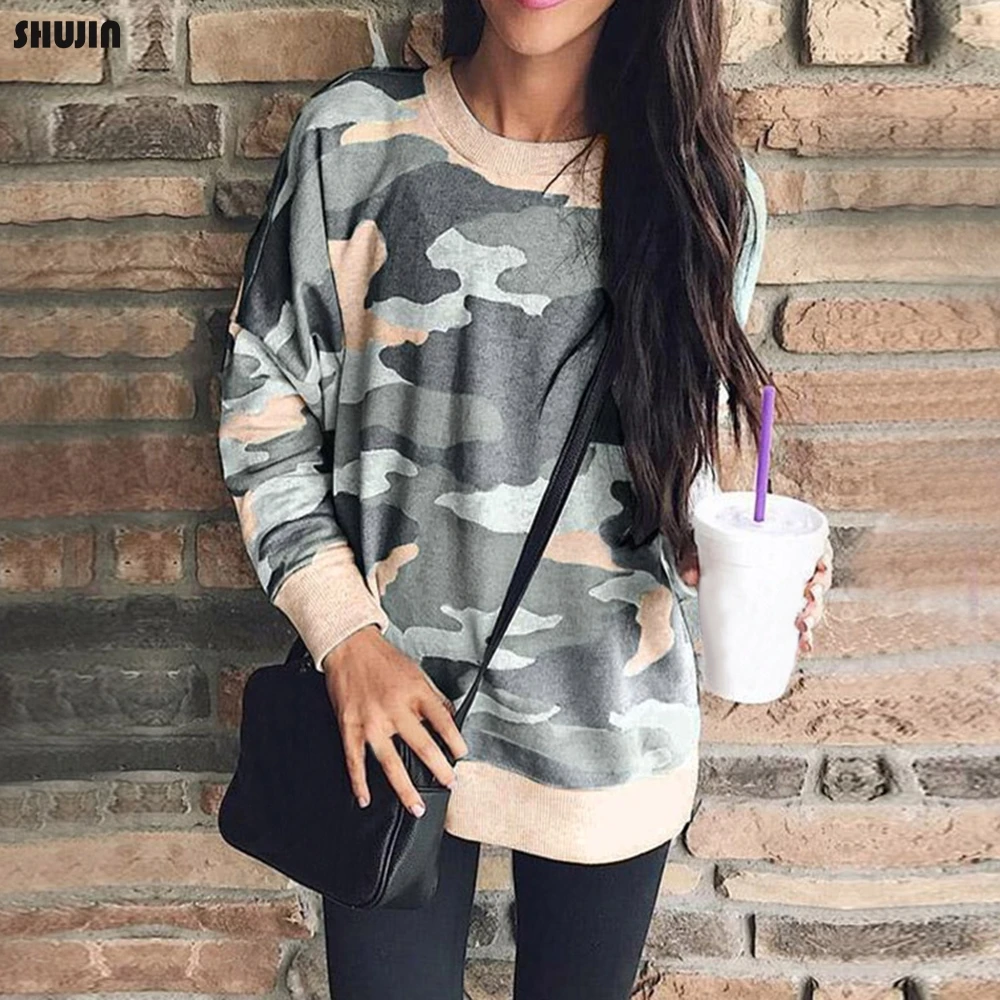 

SHUJIN Women Camouflage Printed Sweatshirt Oversized Spring Autumn Harajuku Coat Female Casual Basic Loose Pullovers Tops O Neck