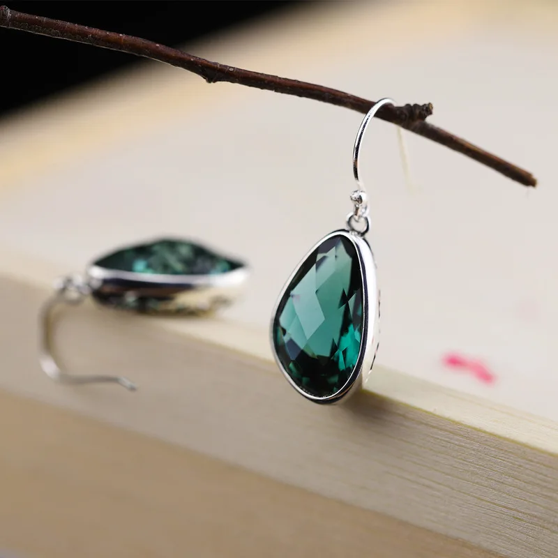

manufacturer direct sales fashion handmade 925 pure silver jewelry earrings hollow women's Green Crystal Earrings