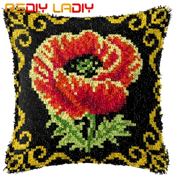 

Latch Hook Cushion Red Yellow Poppy Printed Canvas Cushion Front Acrylic Yarn Crochet Pillow Case Kit Sofa Bed Pillow Home Decor