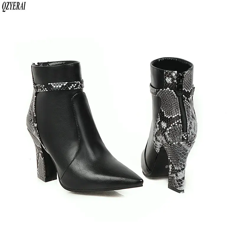 

Print Snake Pu Women Ankle Boots Zip Pointed Toe Footwear Thick High Heels Female Boot Party Shoes Women 2019 New Winter